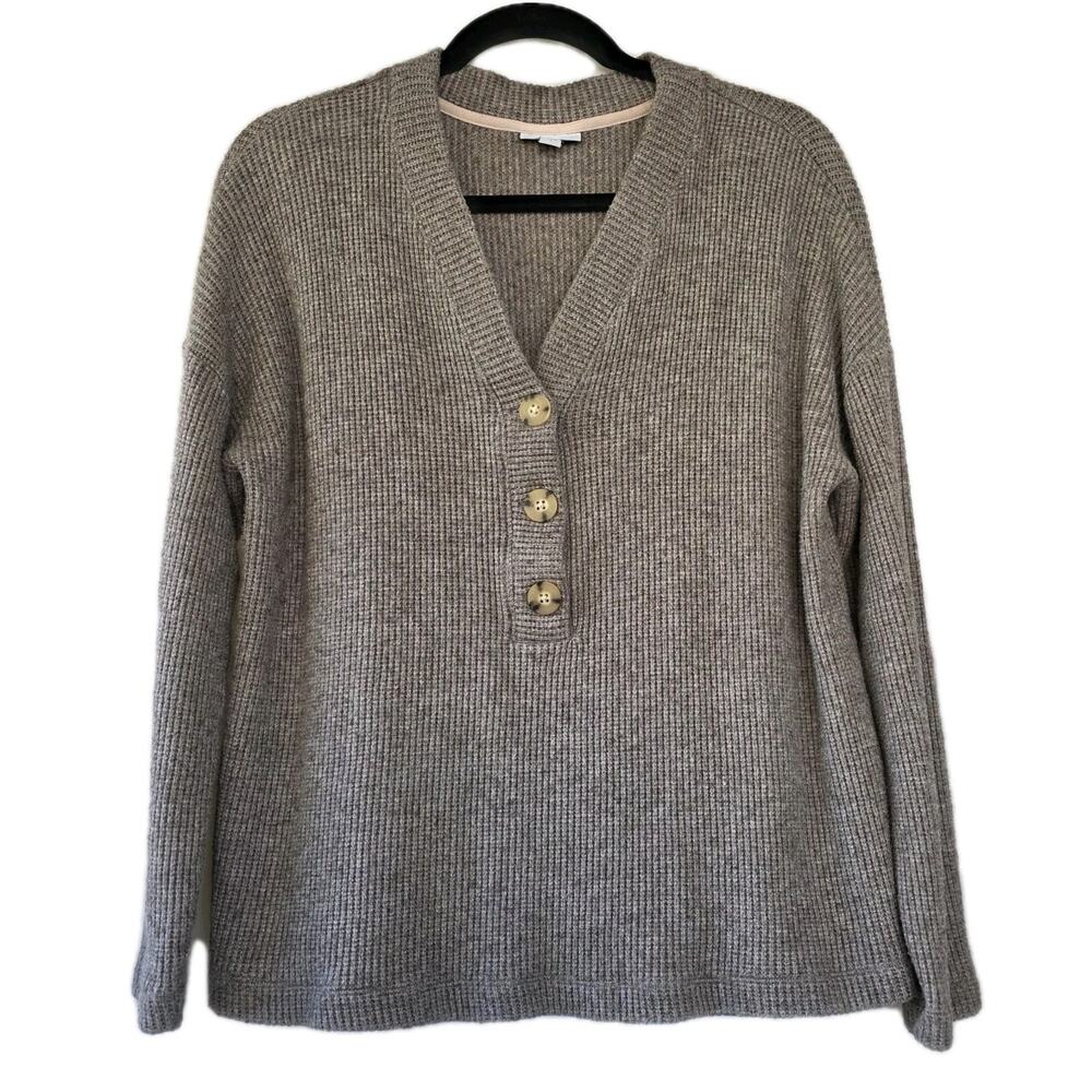 J. Jill Women's L Henley Waffle Knit Sweater Taupe Brown Oversized Boxy